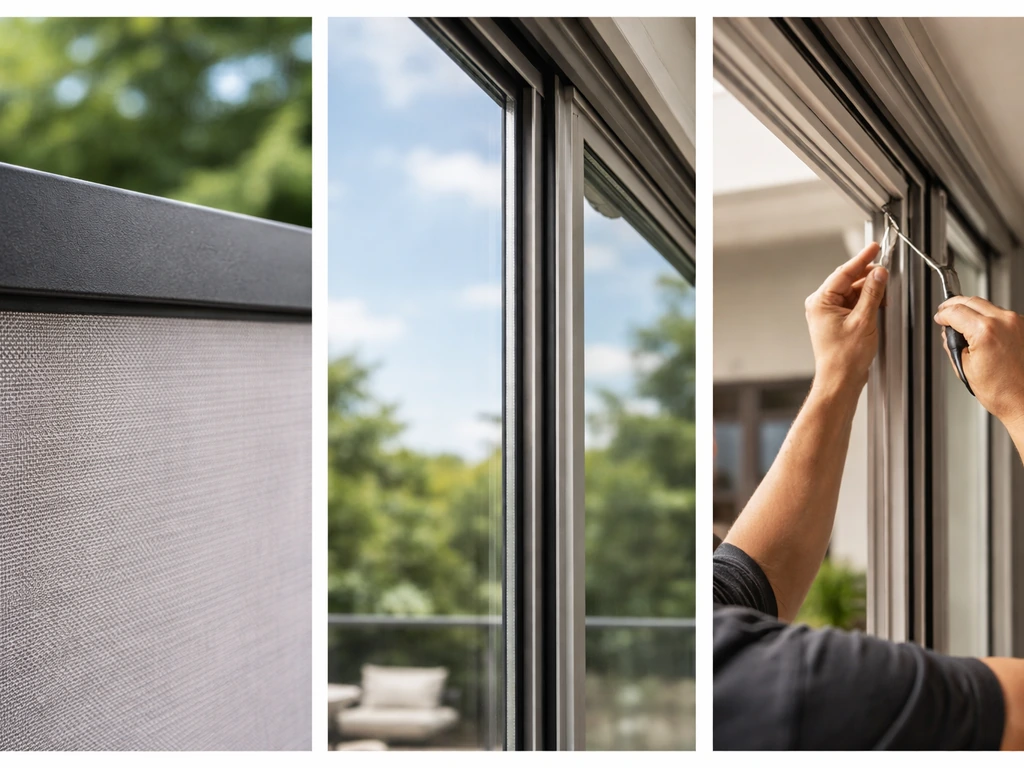 Split photo collage showing patio material texture, clear patio window detail, and installer hands adjusting a frame.