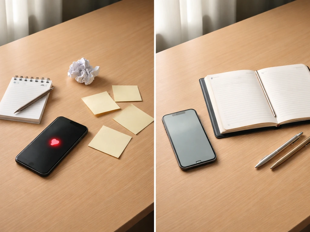 Split desk scene showing messy missed-call items on the left and neatly arranged planner on the right