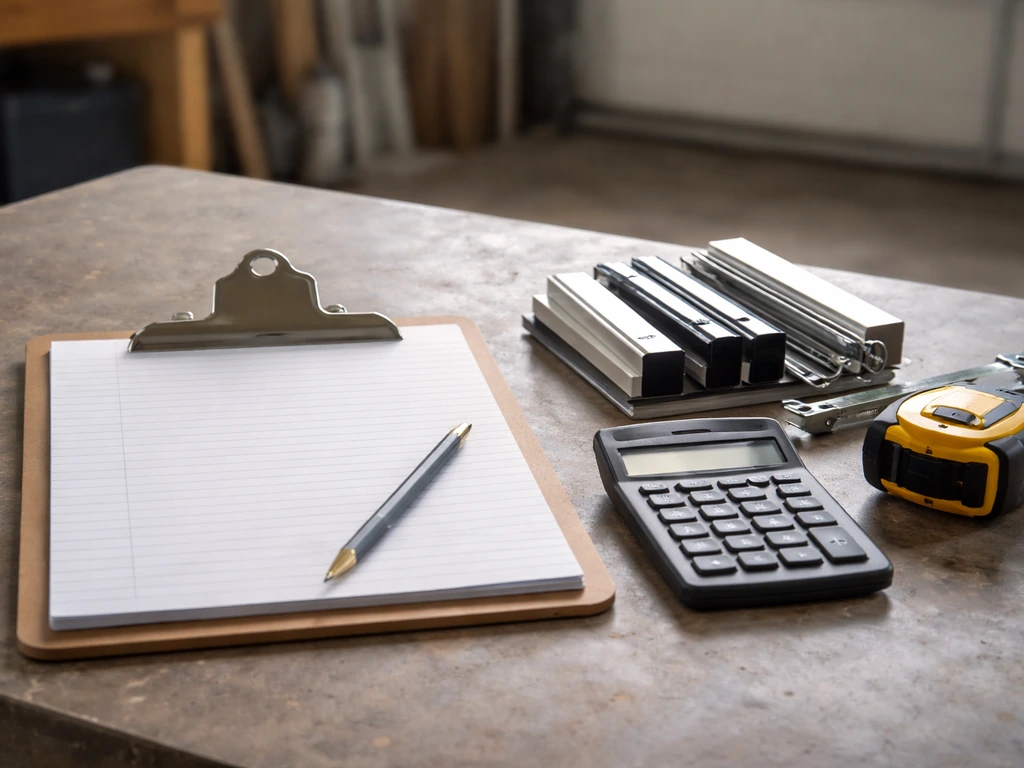 Close-up of a notebook and pen beside patio window framing materials, suggesting verifying a patio room estimate